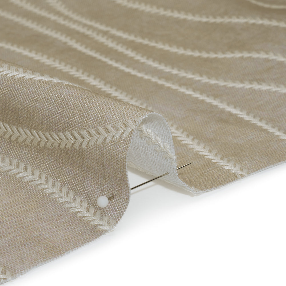 Embroidered Linen-Look Polyester Drapery Woven - Otter Leafy Wavy Lines and Watercolor Texture - British Imported