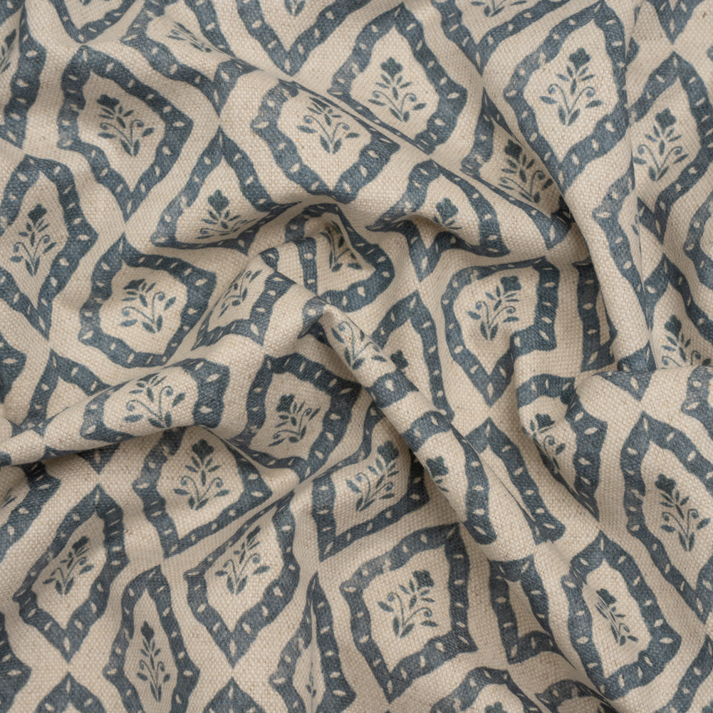Brushed Cotton and Linen Canvas Print - Indigo Framed Floral - British Imported