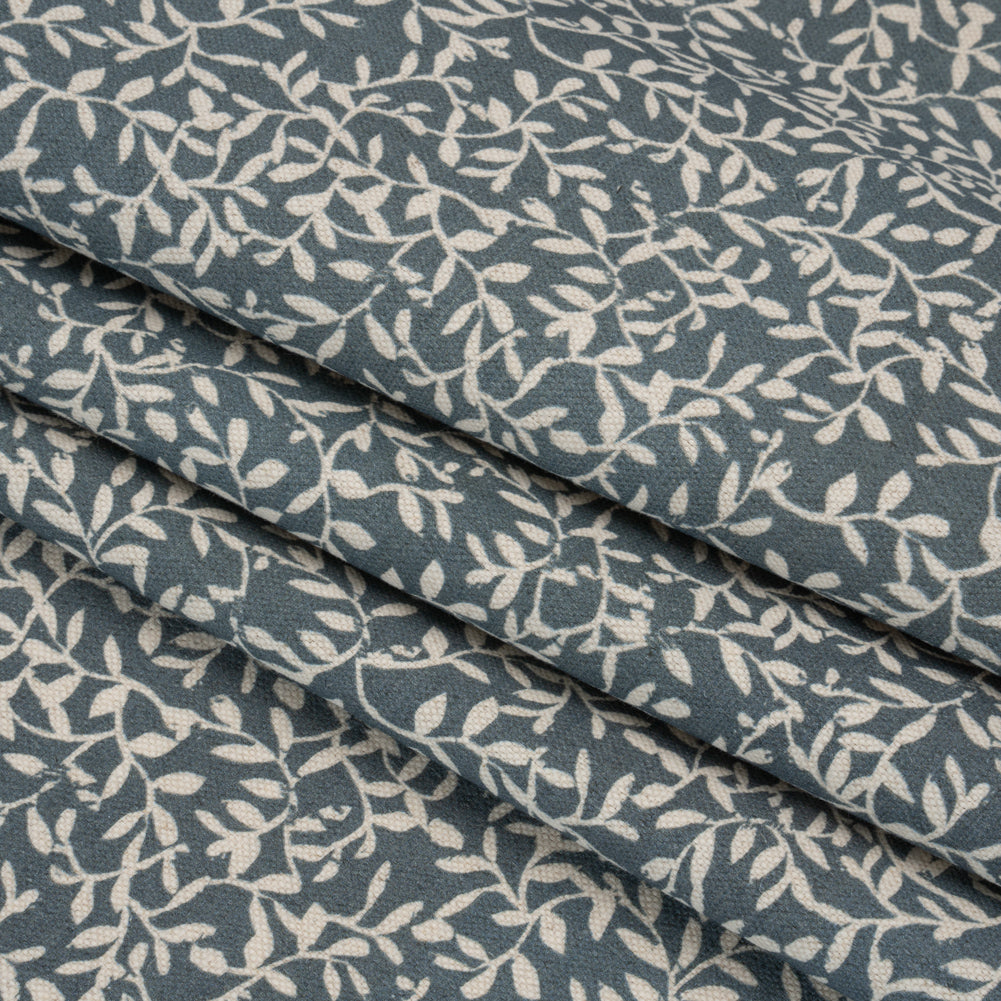 Brushed Cotton and Linen Canvas - Indigo Little Vines - British Imported