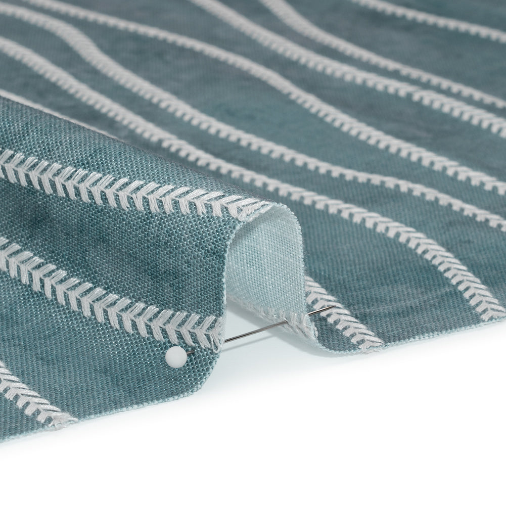 Embroidered Linen-Look Polyester Drapery Woven - Denim Leafy Wavy Lines and Watercolor Texture - British Imported