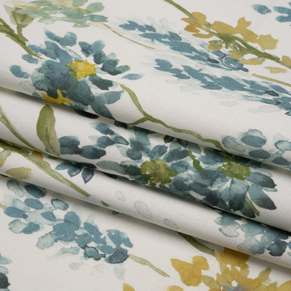 Printed Cotton Canvas - Azure Blooming Watercolor Garden - British Imported