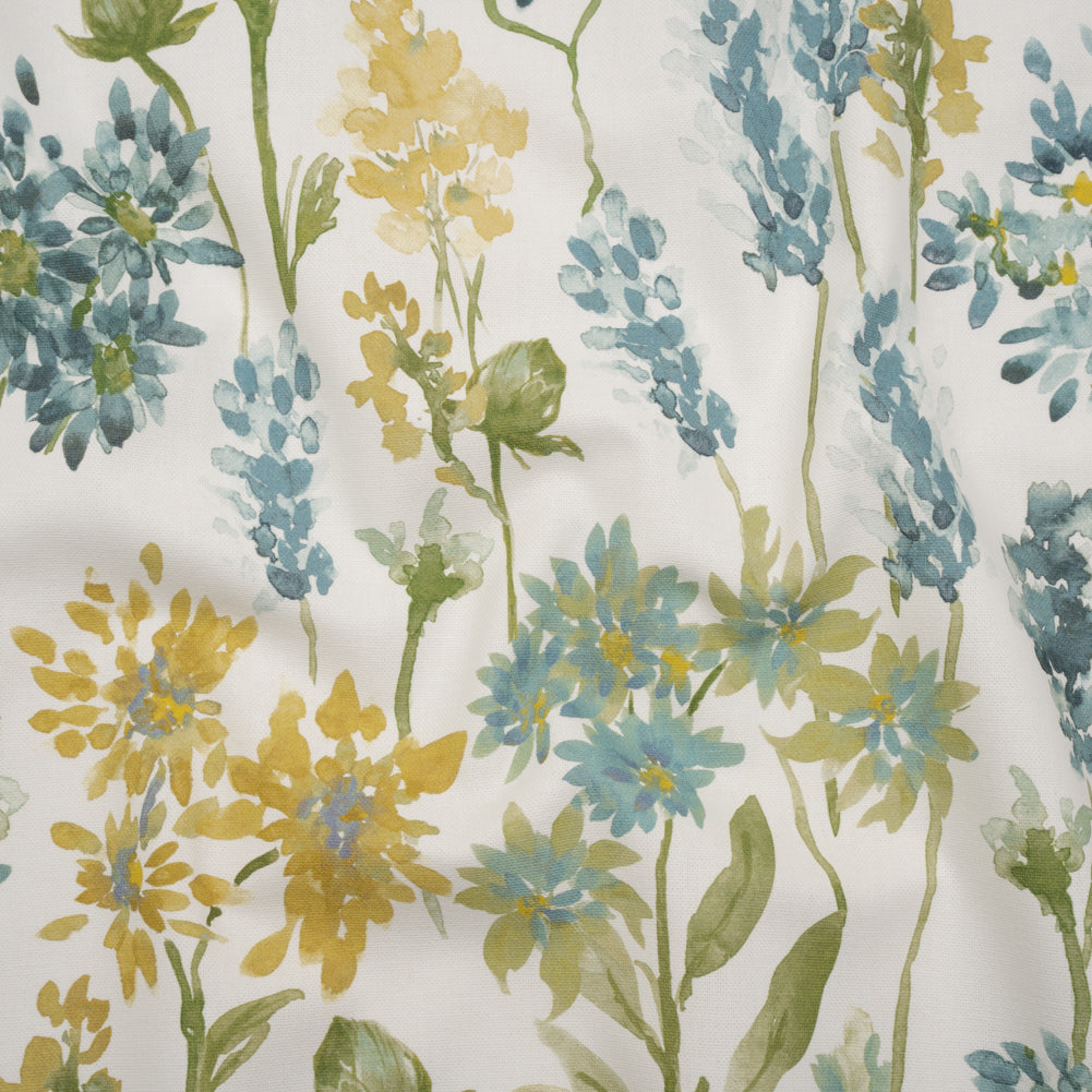 Printed Cotton Canvas - Azure Blooming Watercolor Garden - British Imported