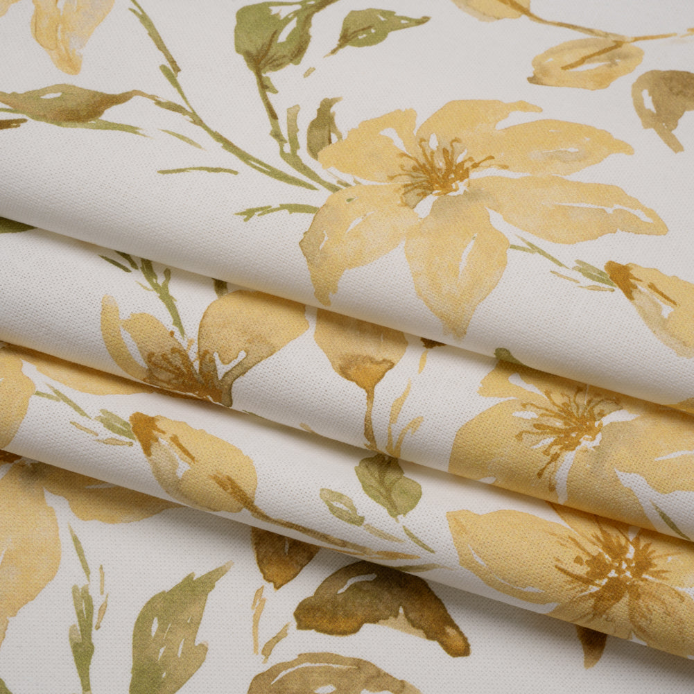 Printed Cotton Canvas - Maize Watercolor Floral Stems - British Imported