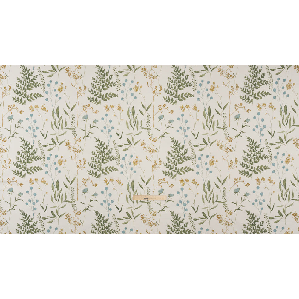 Printed Cotton Canvas - Duckegg Painted Wildflowers and Leaves - British Imported