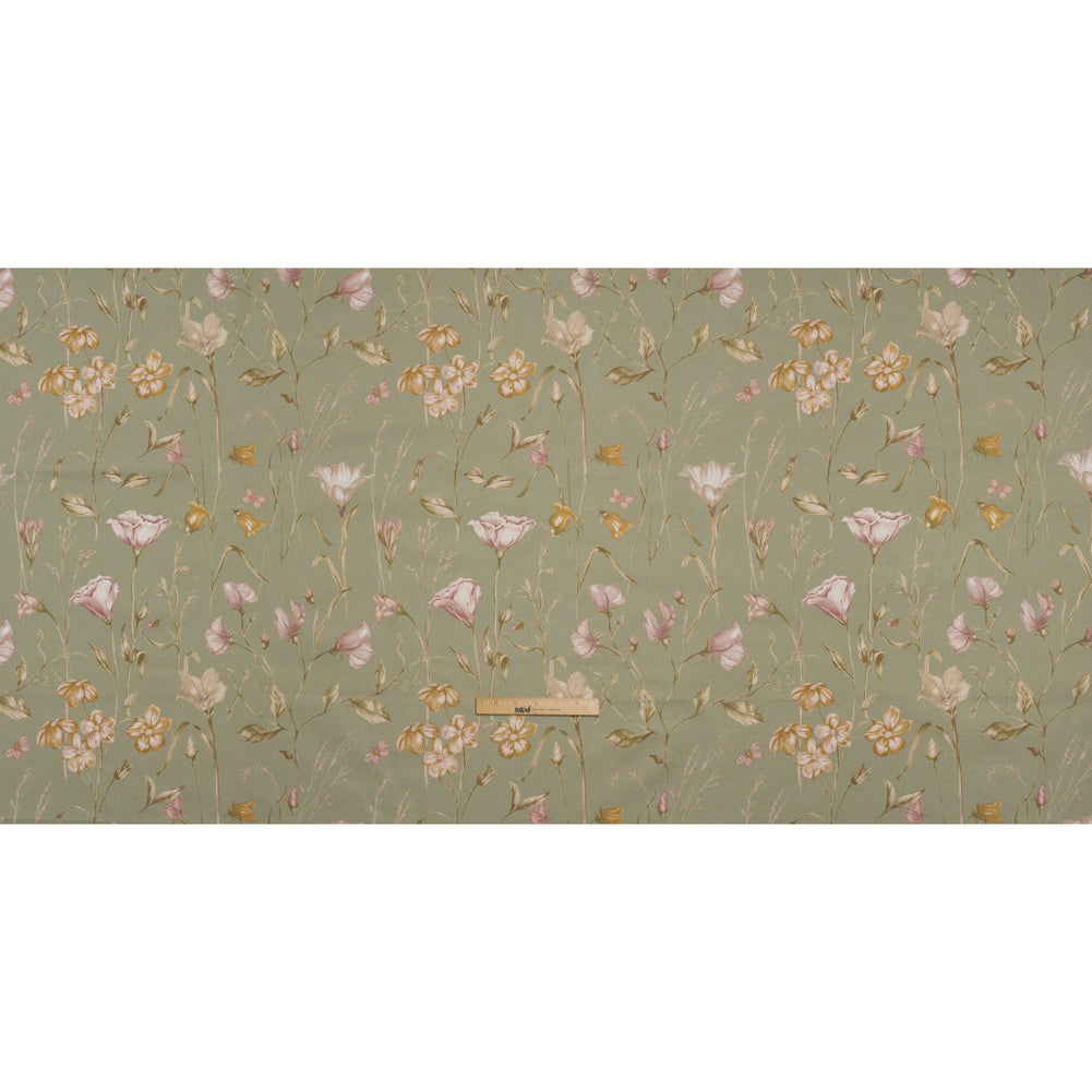 Printed Cotton Canvas - Sage Flowering Stems and Butterflies - British Imported