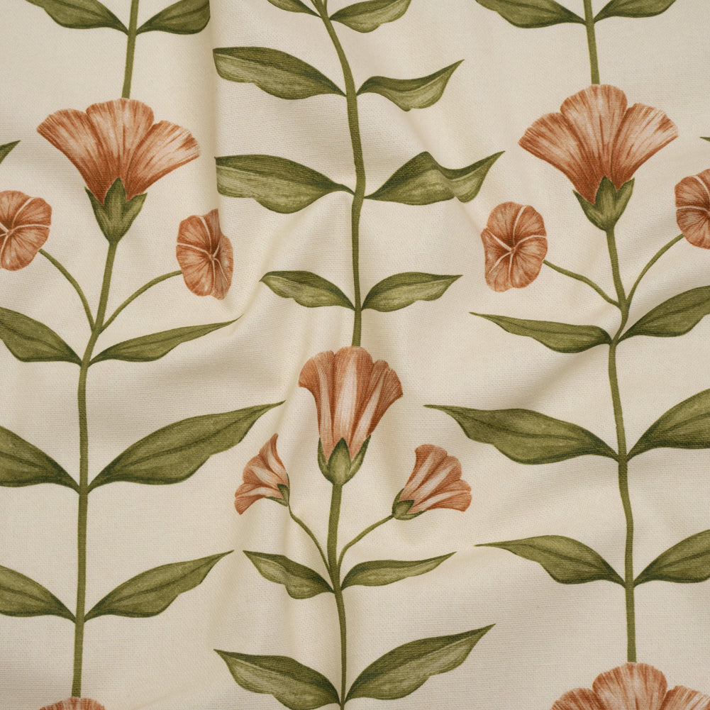 Printed Cotton Canvas - Terracotta Balanced Flower Stems - British Imported