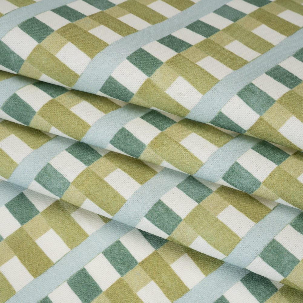Cotton and Linen Canvas Print - Teal Geometric Block Stripes - British Imported