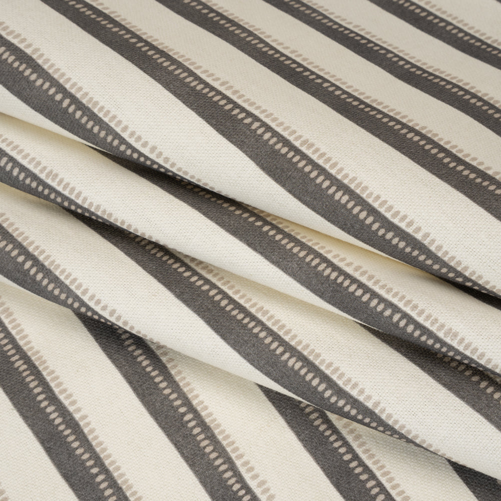 Cotton and Linen Canvas Print - Charcoal Stripes and Dots - British Imported