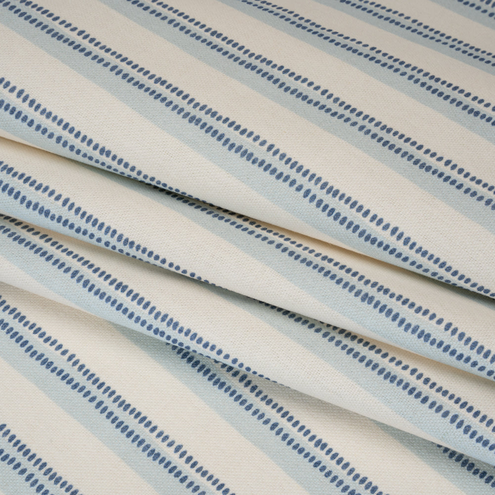 Cotton and Linen Canvas Print - Indigo Stripes and Dots - British Imported