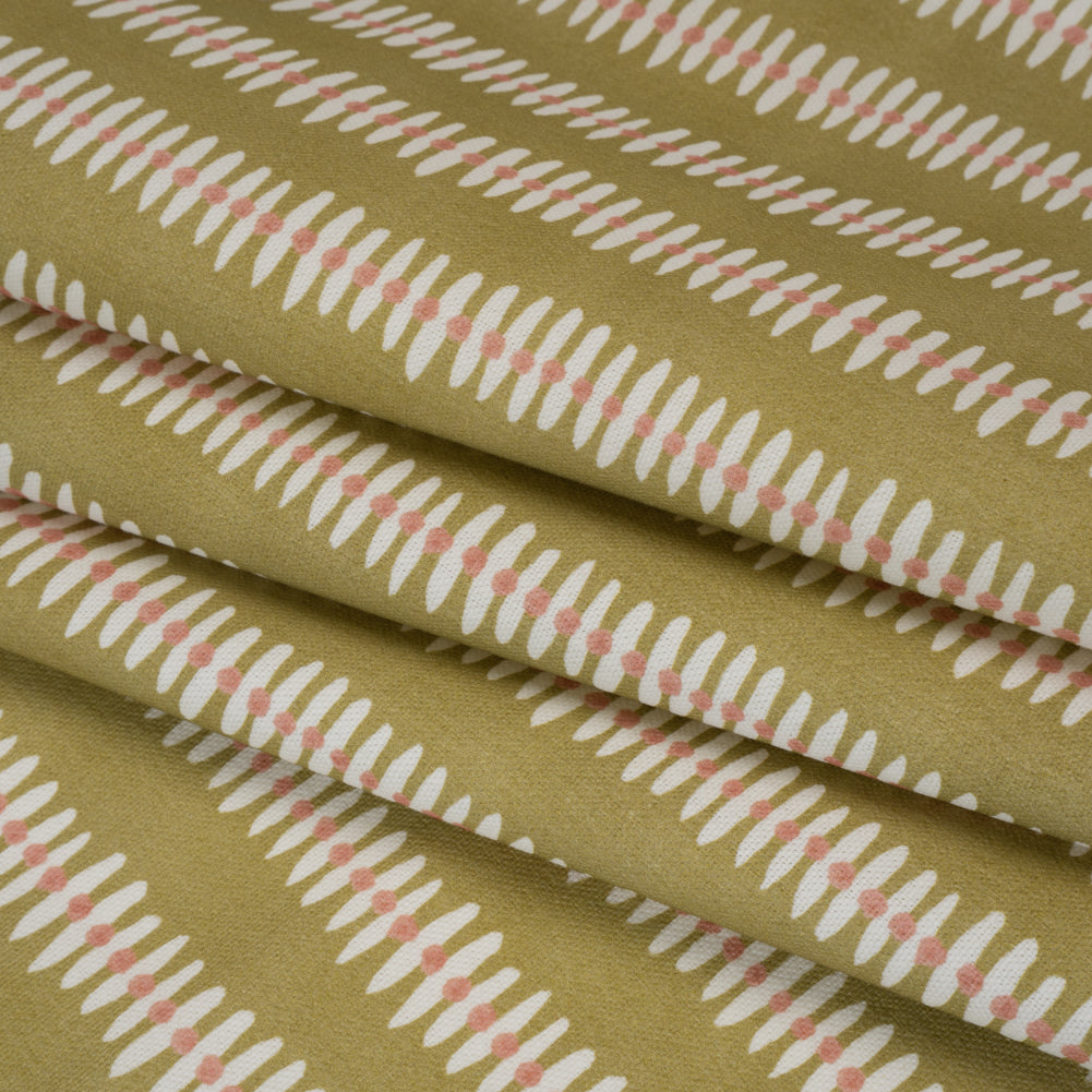 Cotton and Linen Canvas Print - Olive Dash and Dot Stripes - British Imported