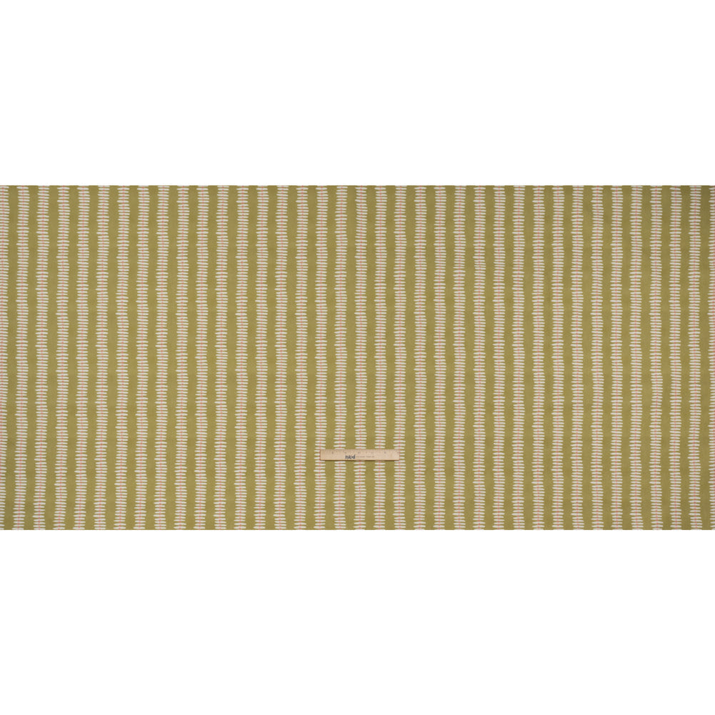 Cotton and Linen Canvas Print - Olive Dash and Dot Stripes - British Imported