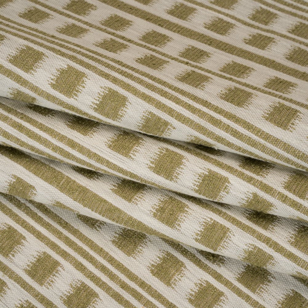 Polyester and Cotton Home Decor Jacquard - Olive Ikat Squares in Stripes - British Imported