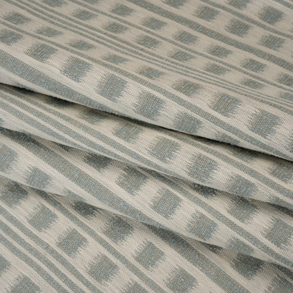 Polyester and Cotton Home Decor Jacquard - Seafoam Ikat Squares in Stripes - British Imported