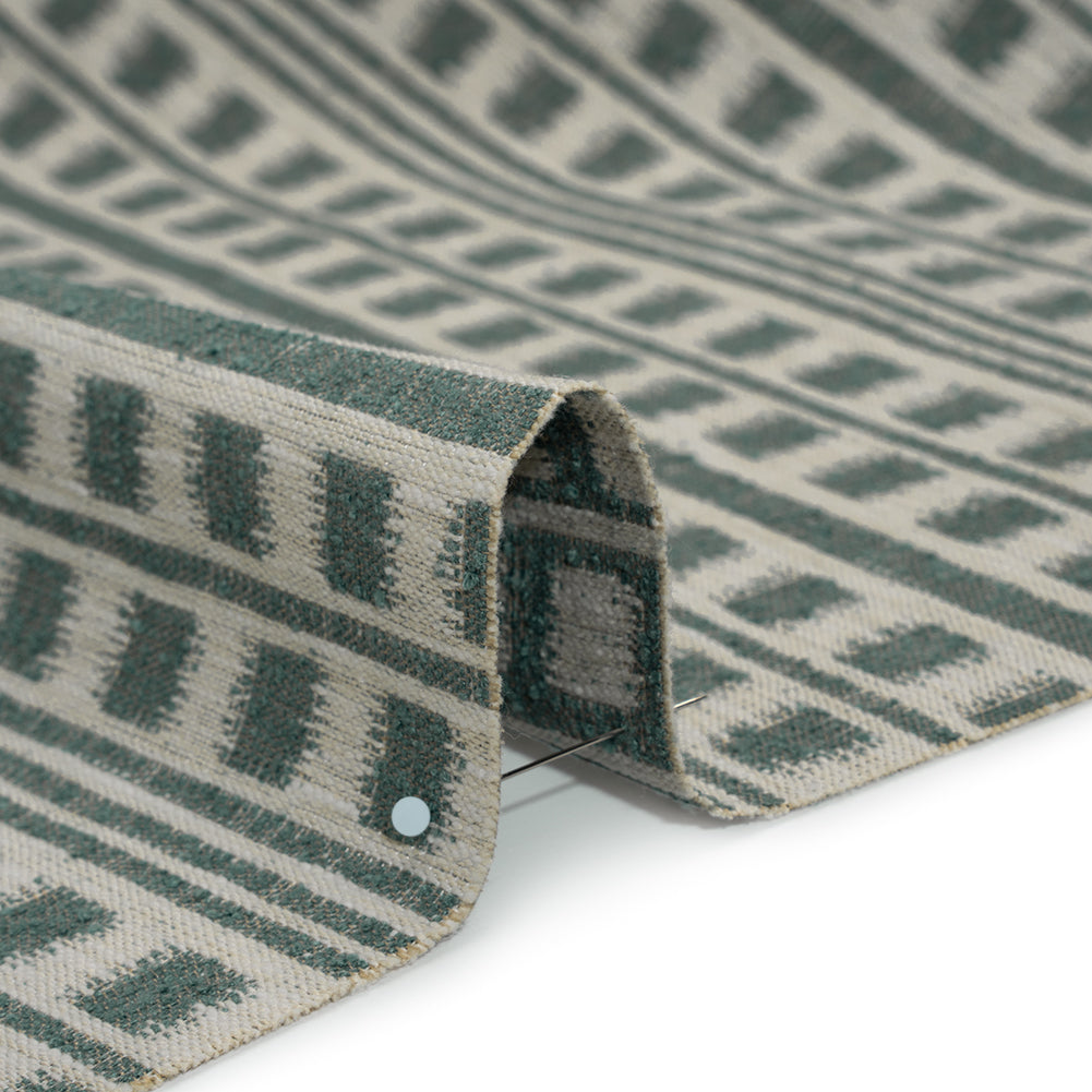 Polyester and Cotton Home Decor Jacquard - Teal Ikat Squares in Stripes - British Imported