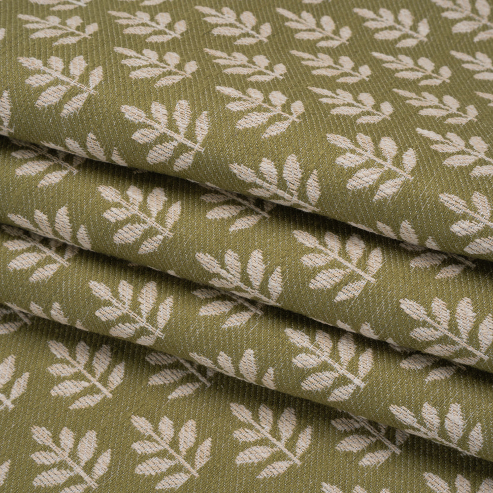 Polyester and Cotton Twill Jacquard - Olive Lines of Leaves - British Imported