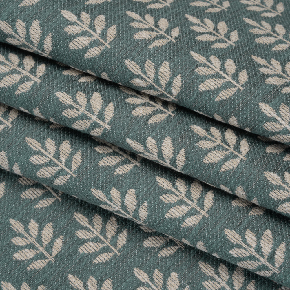 Polyester and Cotton Twill Jacquard - Teal Lines of Leaves - British Imported