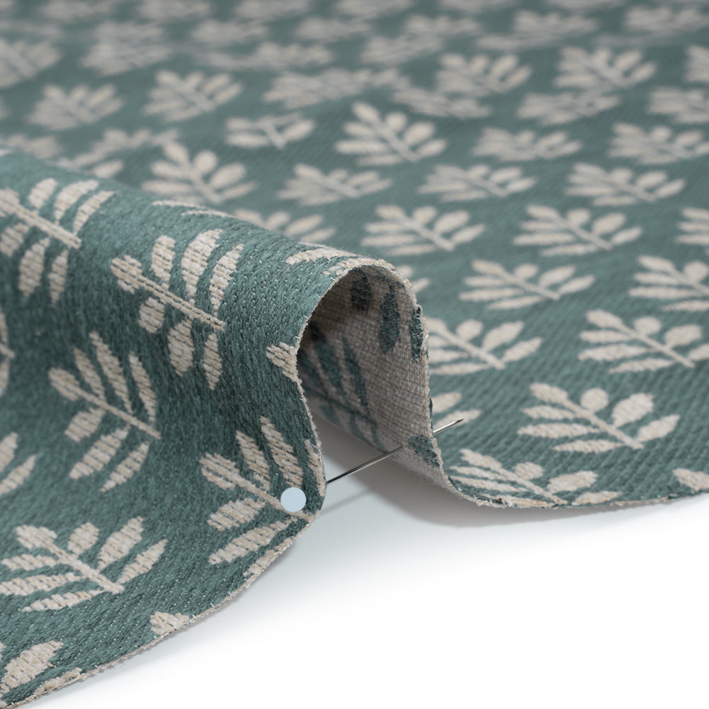 Polyester and Cotton Twill Jacquard - Teal Lines of Leaves - British Imported