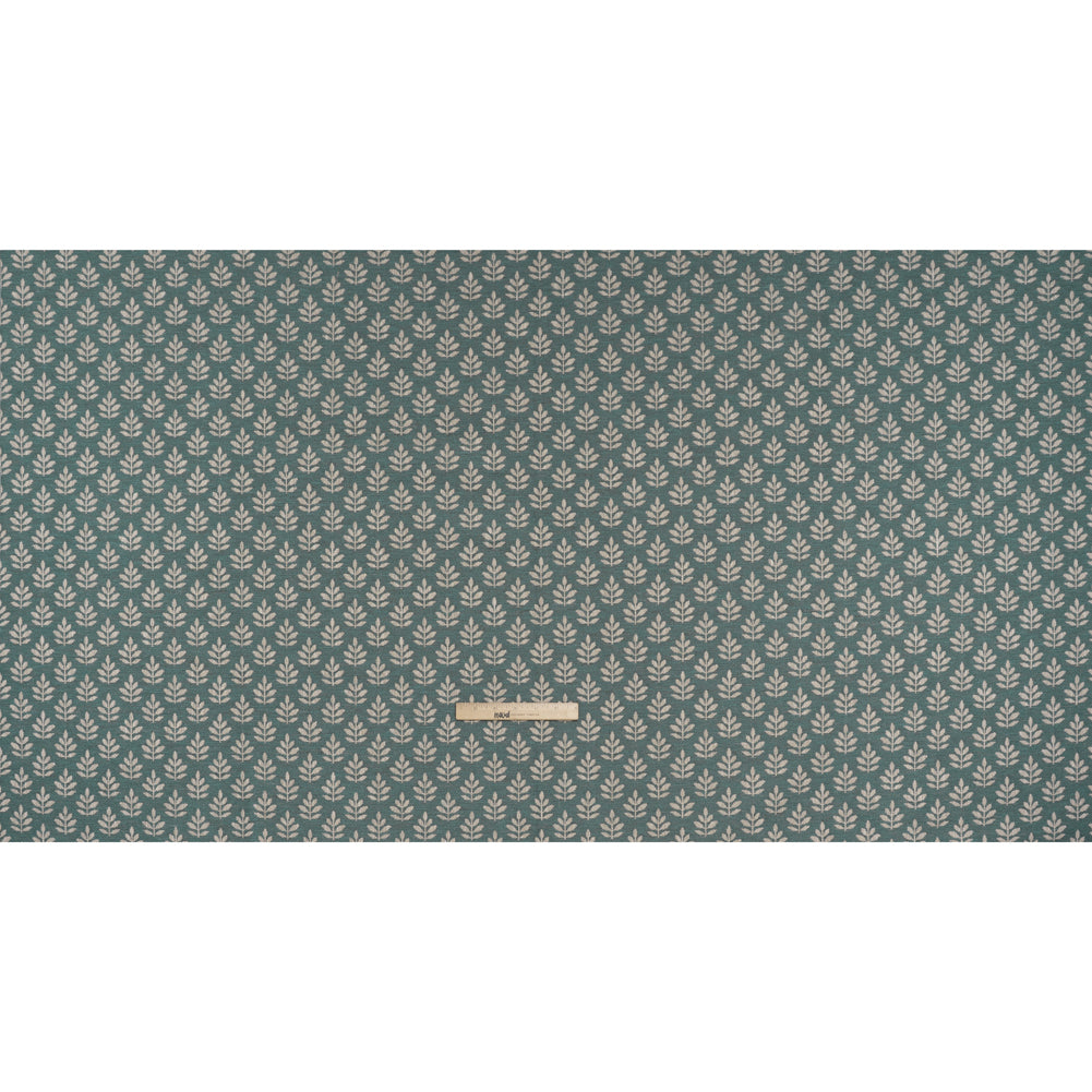 Polyester and Cotton Twill Jacquard - Teal Lines of Leaves - British Imported