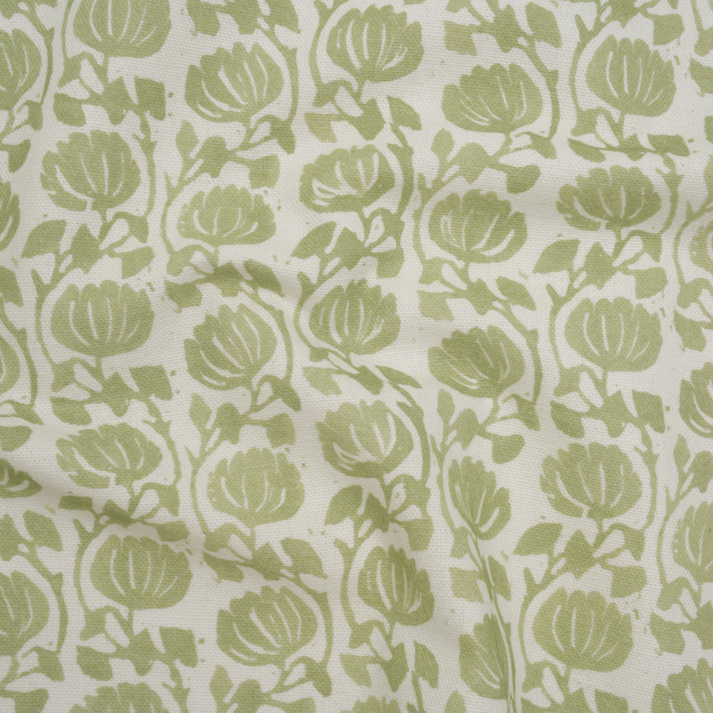 Cotton and Linen Canvas Print - Pistachio Block Print Florals - British Imported
