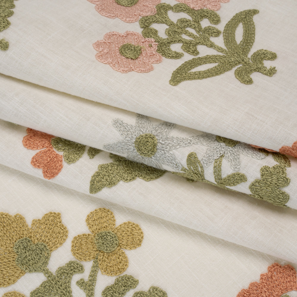 Polyester and Cotton Slubbed Drapery Woven with Viscose Embroidery - Garden Simple Flowers - British Imported