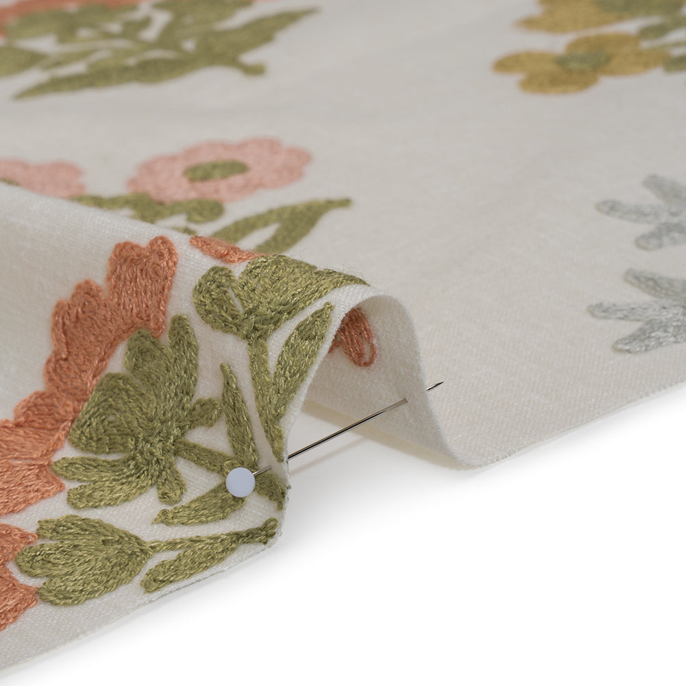 Polyester and Cotton Slubbed Drapery Woven with Viscose Embroidery - Garden Simple Flowers - British Imported