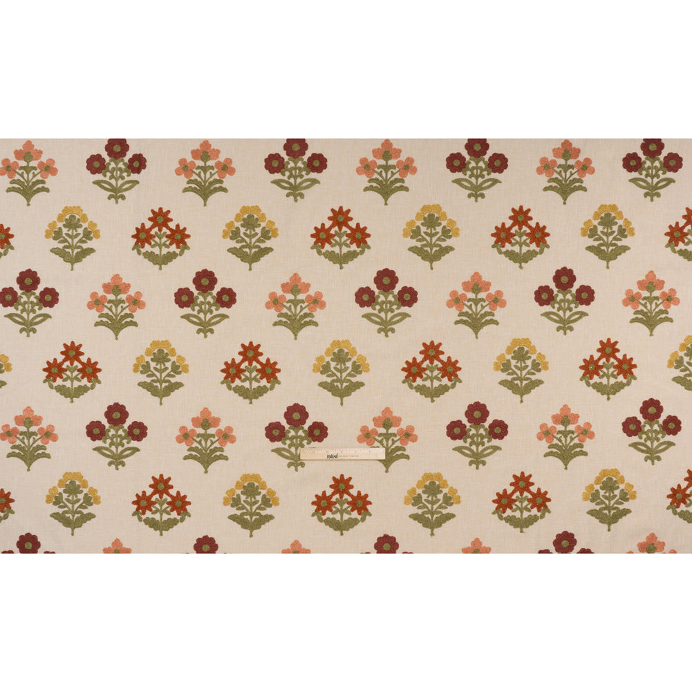 Polyester and Cotton Slubbed Drapery Woven with Viscose Embroidery - Terracotta Simple Flowers - British Imported