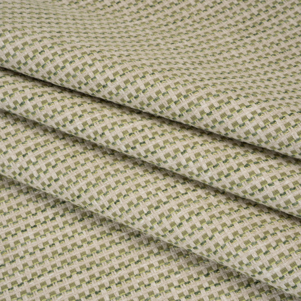 Recycled Polyester and Cotton Basketweave Dobby - Moss Little Squares - British Imported