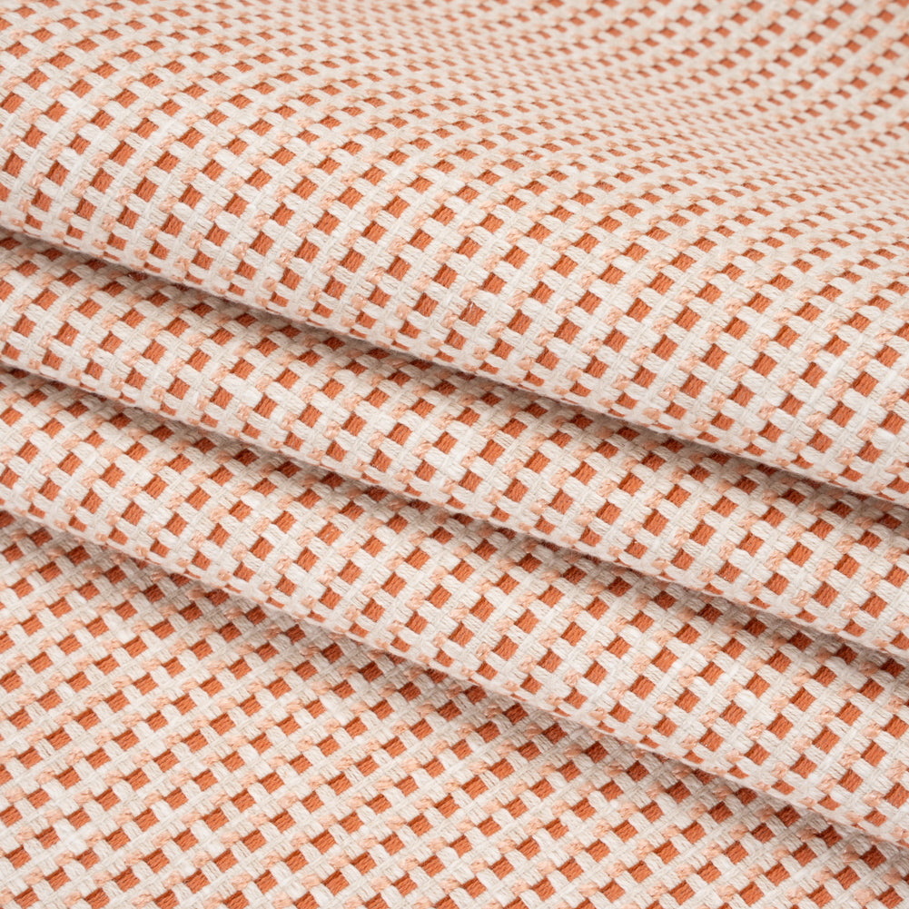 Recycled Polyester and Cotton Basketweave Dobby - Tangerine Little Squares - British Imported