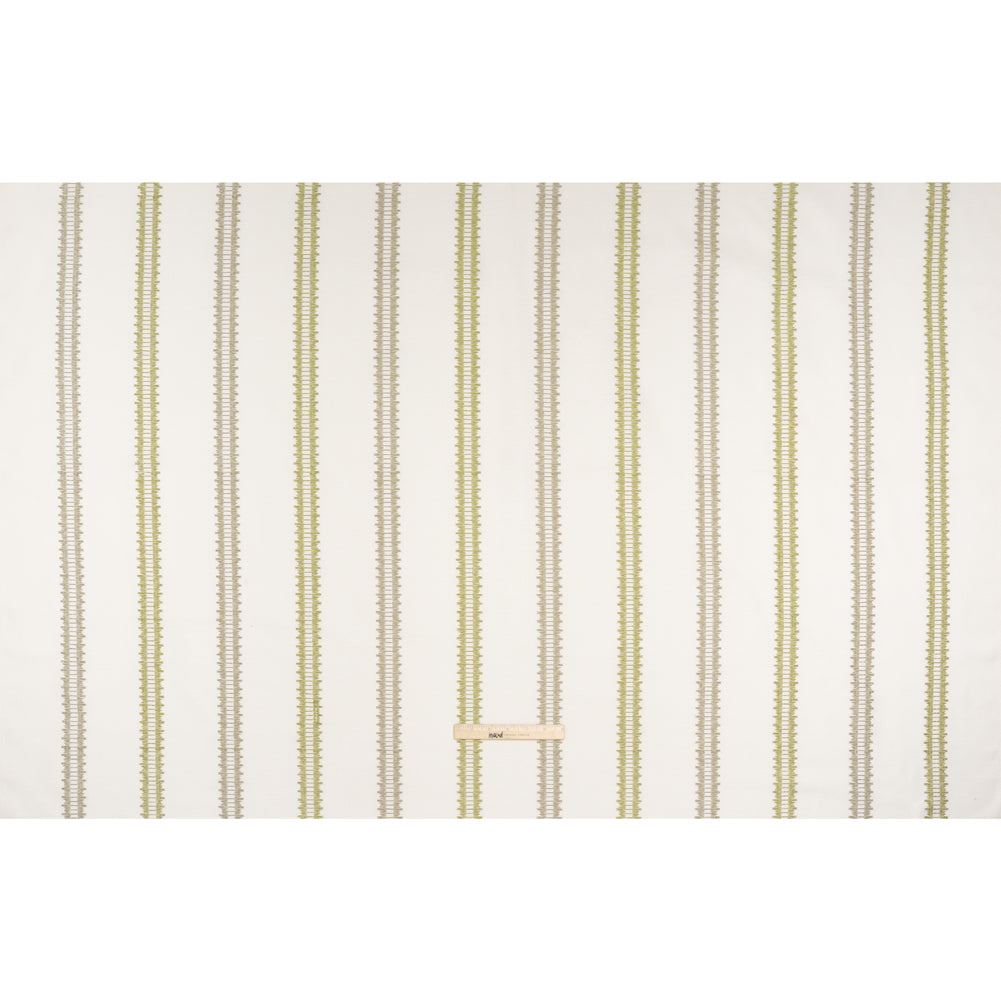 Embroidered Recycled Polyester and Cotton Woven - Olive Zig Zag Ladder Stripes - British Imported