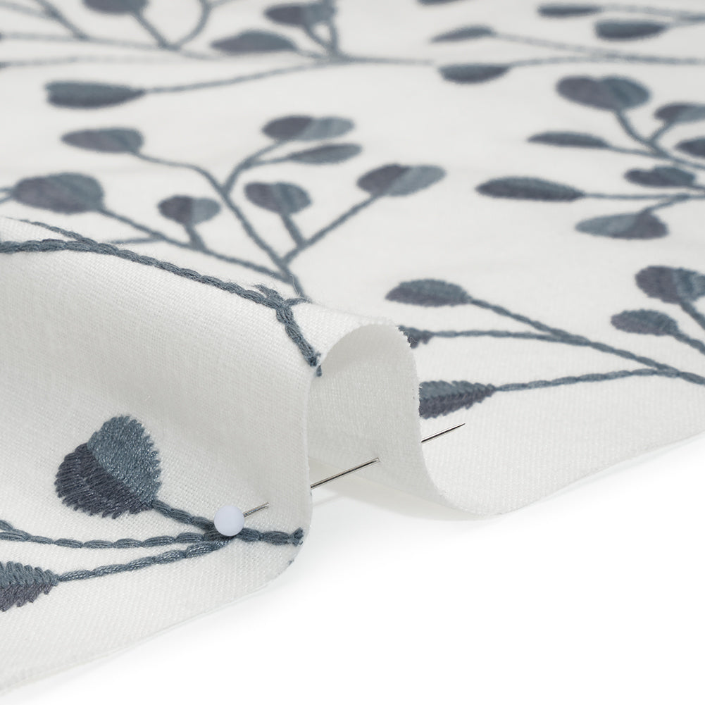 Embroidered Polyester and Cotton Woven - Denim Budding Plants - British Imported