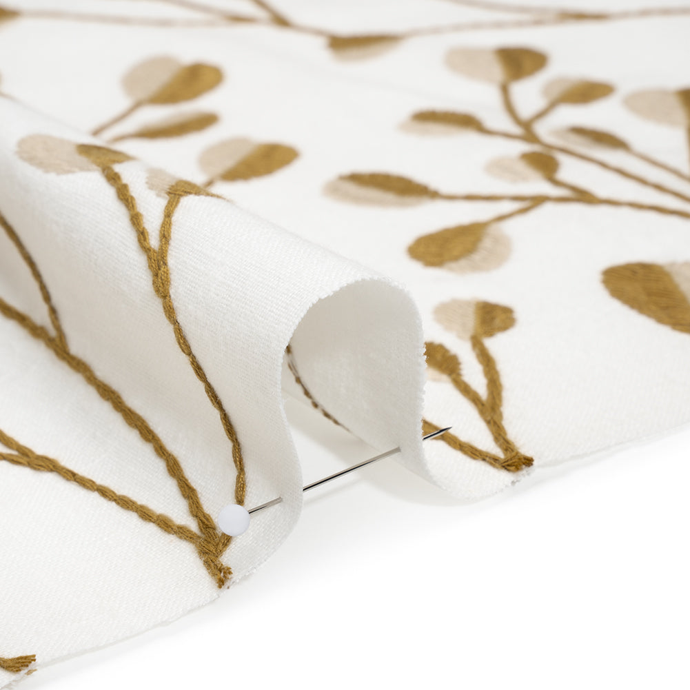 Embroidered Polyester and Cotton Woven - Ochre Budding Plants - British Imported