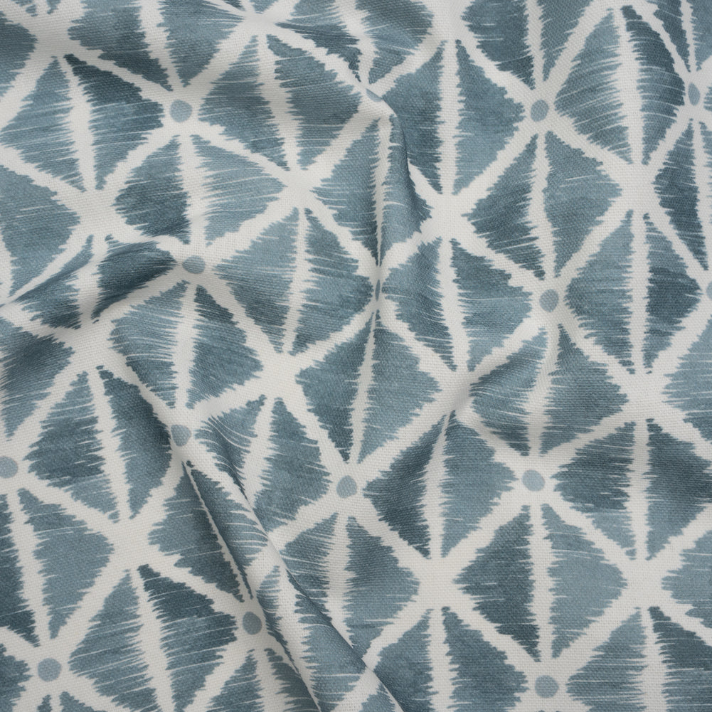 Brushed Cotton and Linen Canvas Print - Denim Sketched Lattice with Dots - British Imported