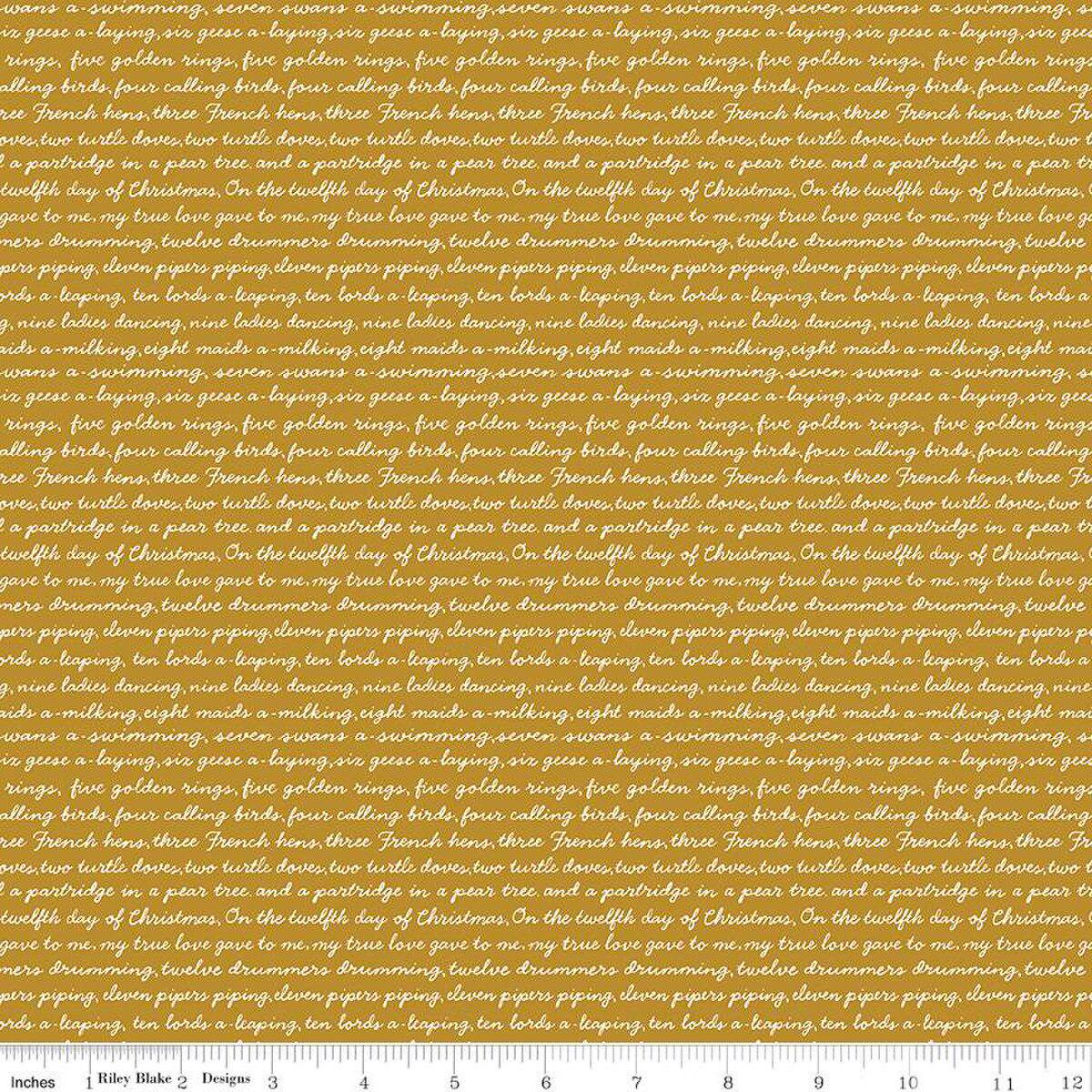 Quilting Cotton A Pear-fect Christmas Calling Words Gold Riley Blake