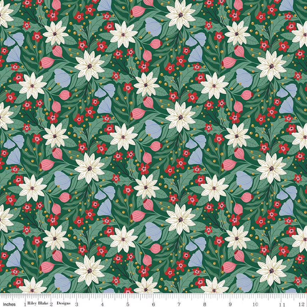 Quilting Cotton A Pear-fect Christmas Flowers Dancing Green Riley Blake Designs