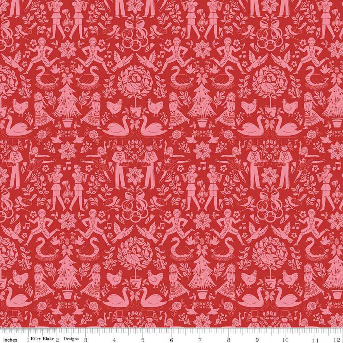 Quilting Cotton A Pear-fect Christmas Lords A-Leaping Coral Floral Riley Blake