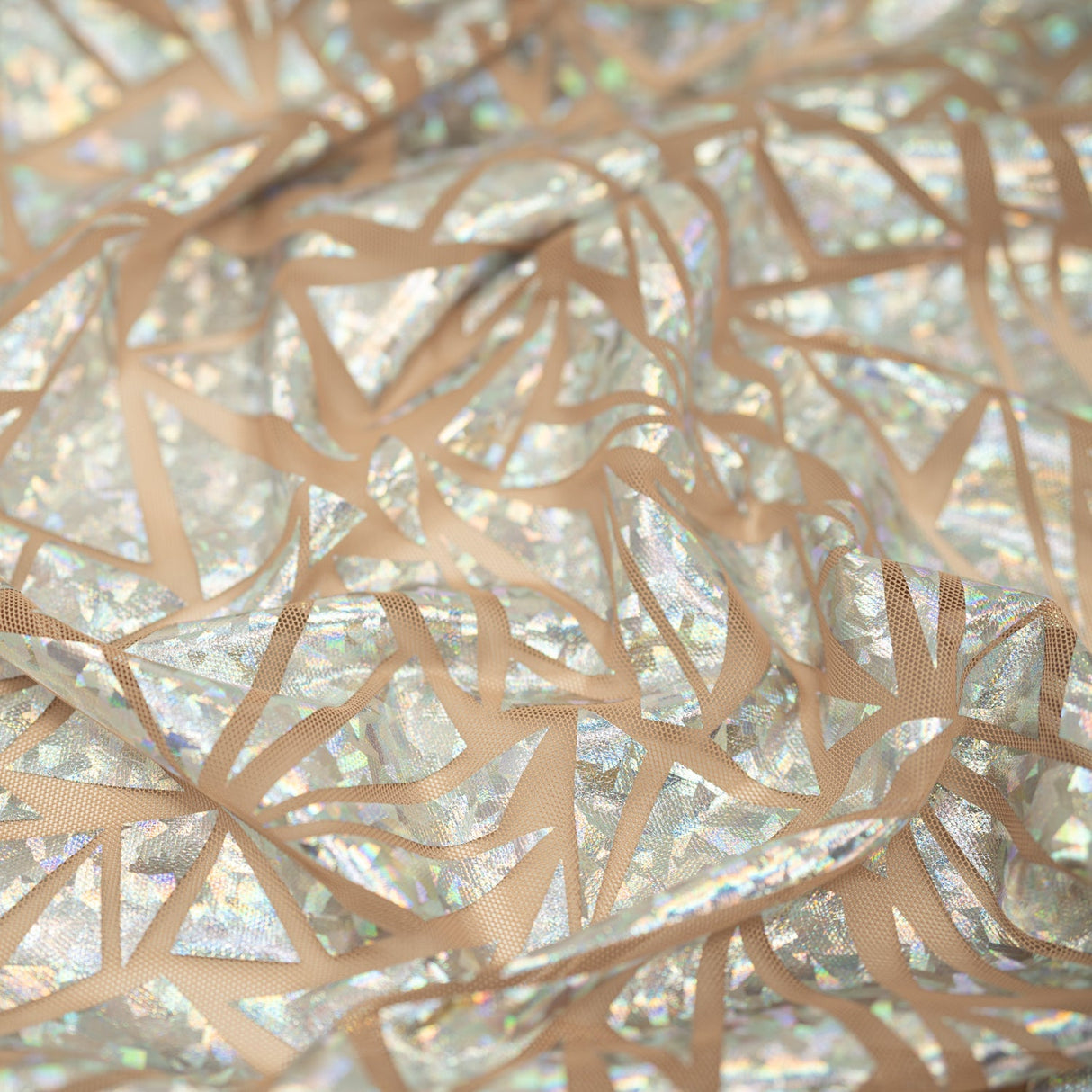 Abstract Triangle Polyester Mesh Fabric - Shattered Glass Foil Print, 58/59" Width (1 Yard)