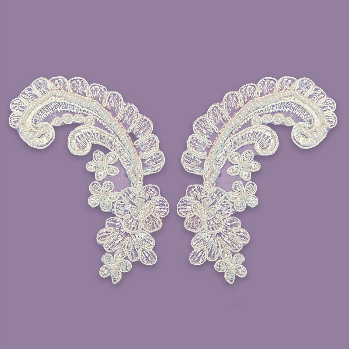 Beaded Corded Floral Lace Applique White