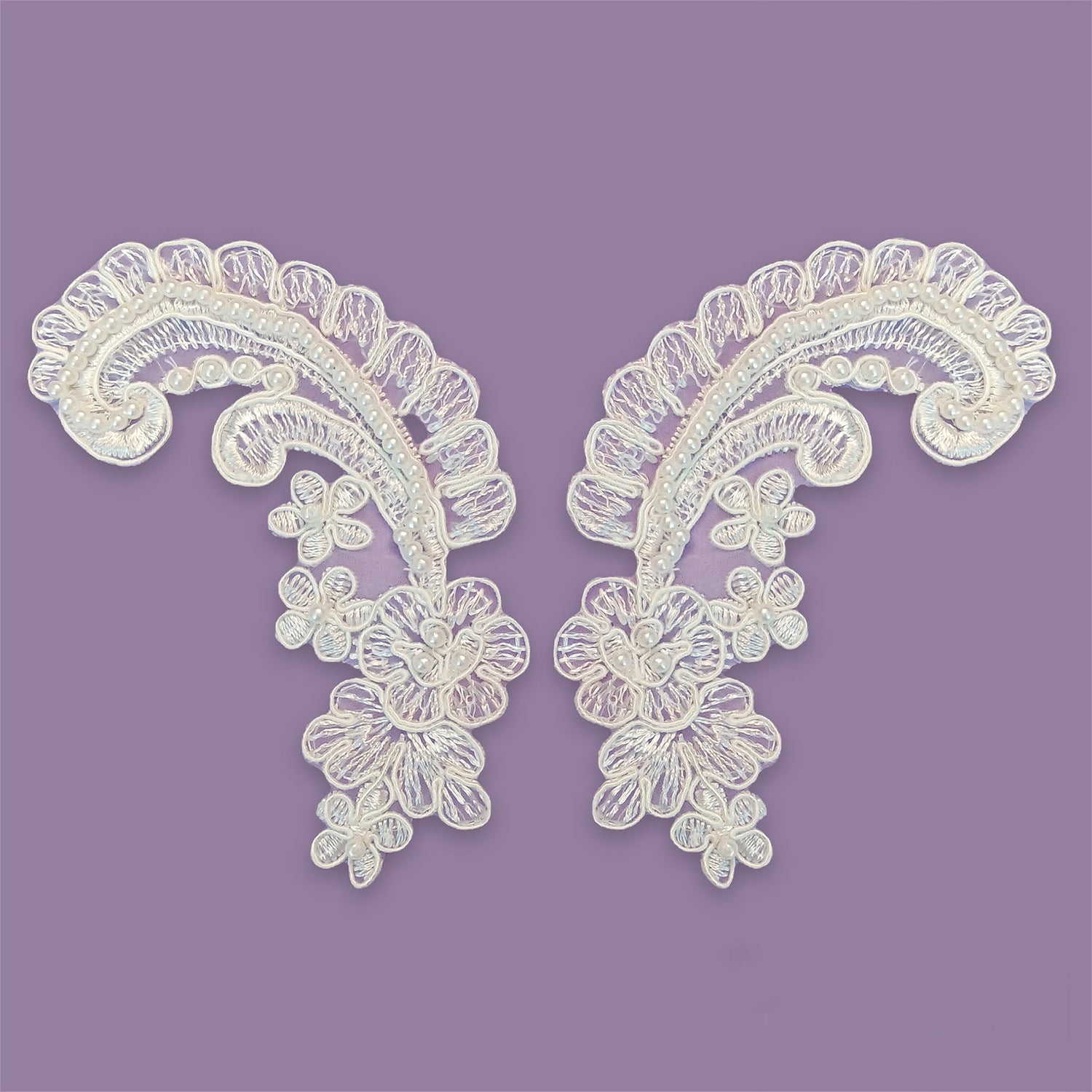 1 Pair Beaded & Corded Floral Lace Applique 2" x 5.5" Each Side