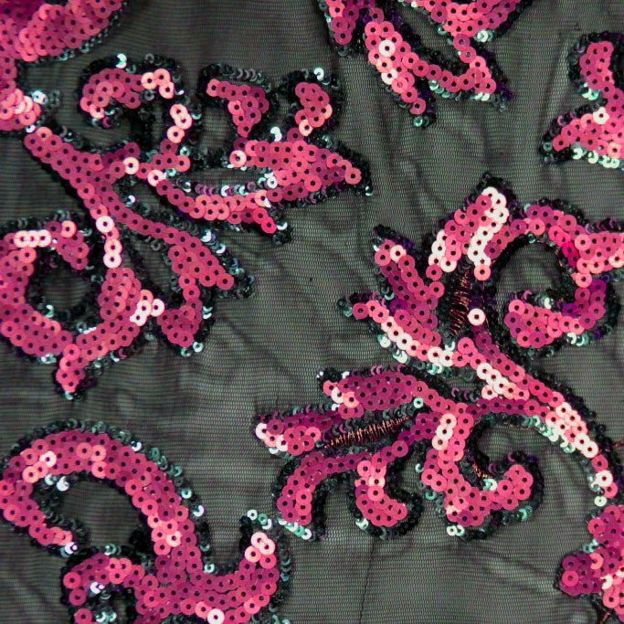 Applique Stretch Mesh Sequin Polyester Spandex Fabric - Baroque Sequin Embroidered Mesh, 58/56" Cut Width, 50" Usable Width (1 Yard)