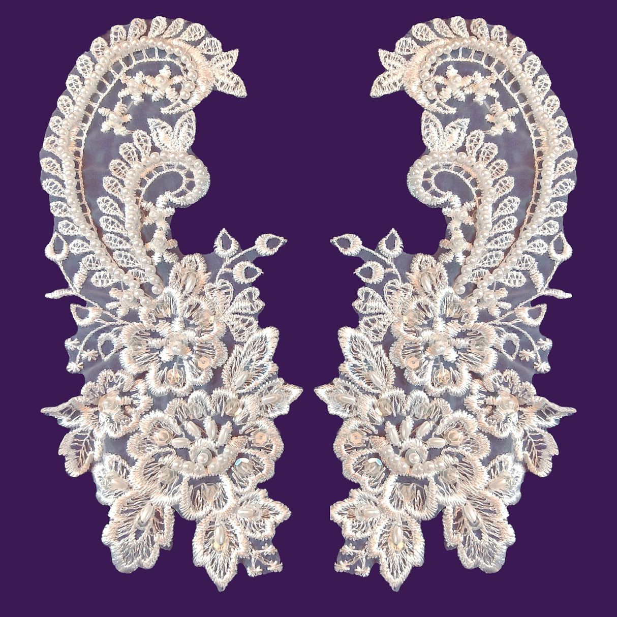 Beaded Bridal Lace Applique White 8.75 x 4