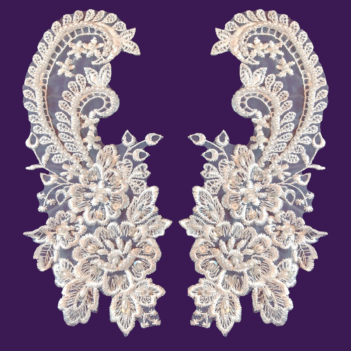 1 Pair Beaded Bridal Lace Applique Embroidered on 100% Polyester Organza 8.75" x 4" Each Side