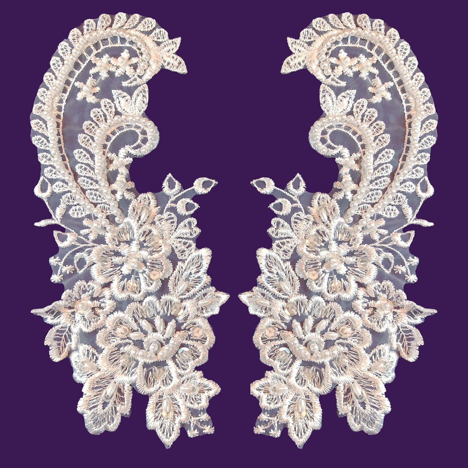 1 Pair Beaded Bridal Lace Applique Embroidered on 100% Polyester Organza 8.75" x 4" Each Side