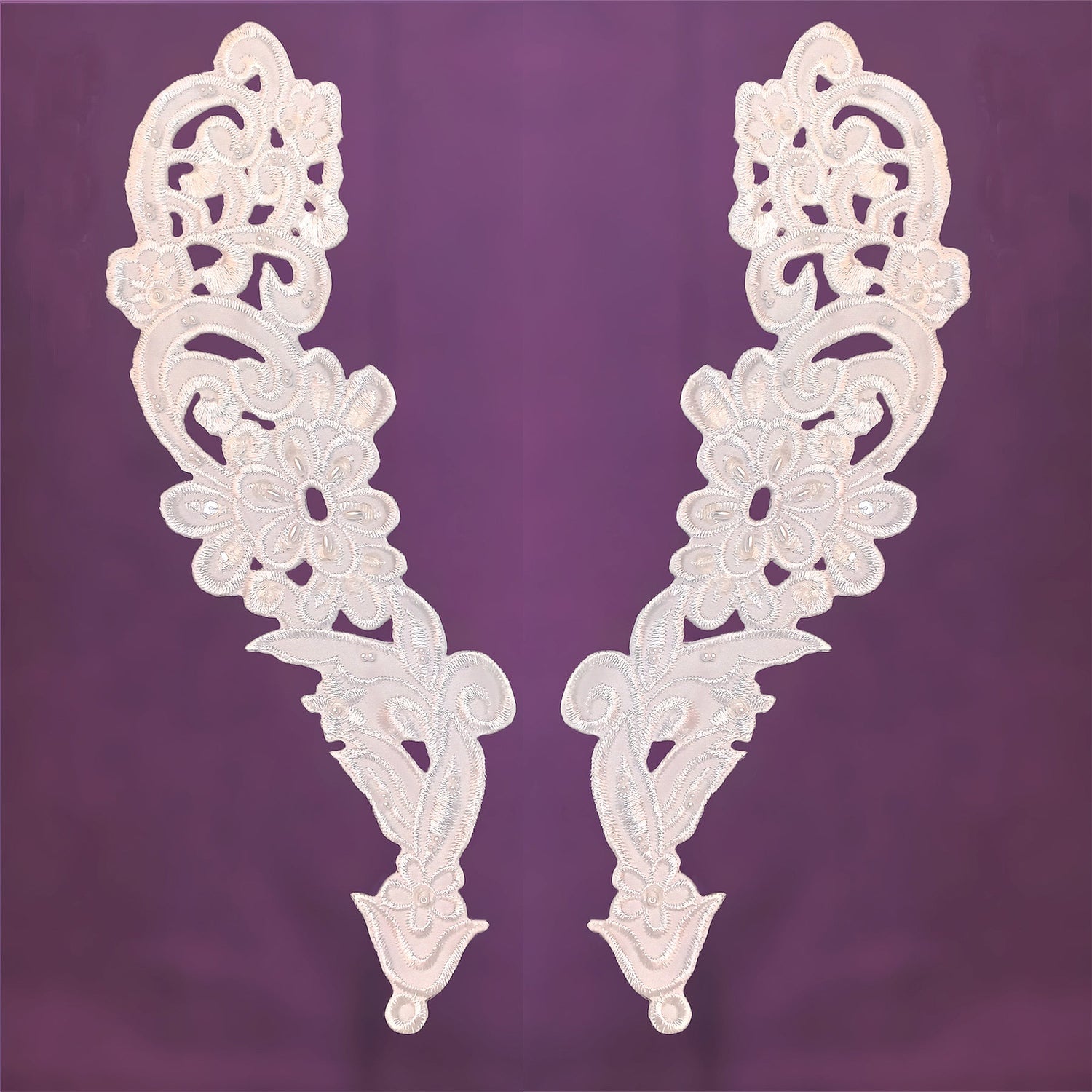 1 Pair Handmade Beaded Lace Applique on Satin for Bridal & Baptism 12.25" x 3.25" Each Side
