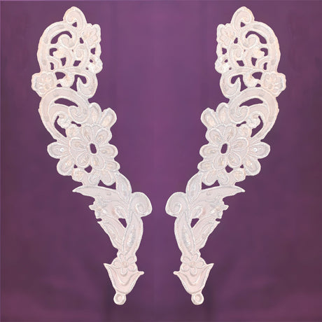 1 Pair Handmade Beaded Lace Applique on Satin for Bridal & Baptism 12.25" x 3.25" Each Side