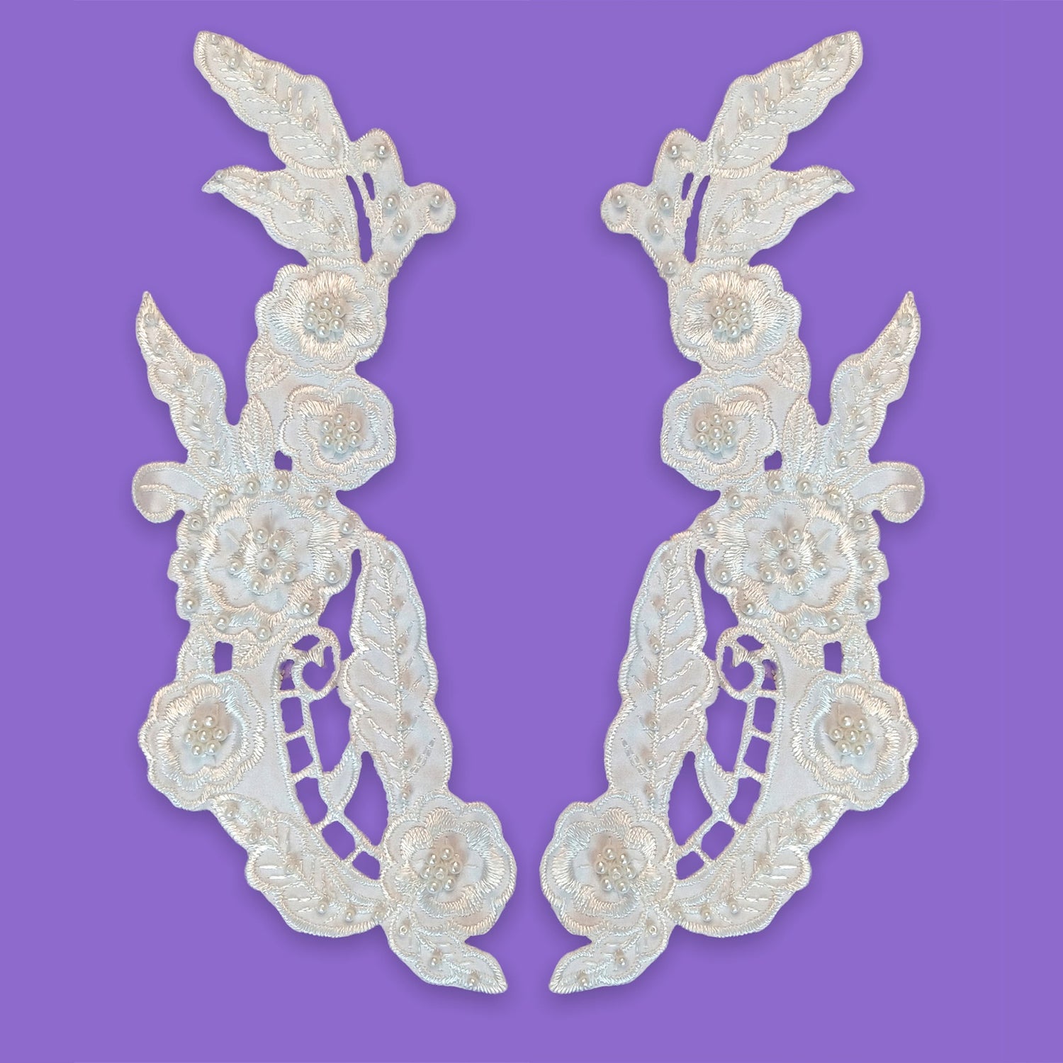 1 Pair Beaded Lace Applique Embroidered Satin Applique 10.75" x 3.25" Each