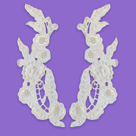 1 Pair Beaded Lace Applique Embroidered Satin Applique 10.75" x 3.25" Each