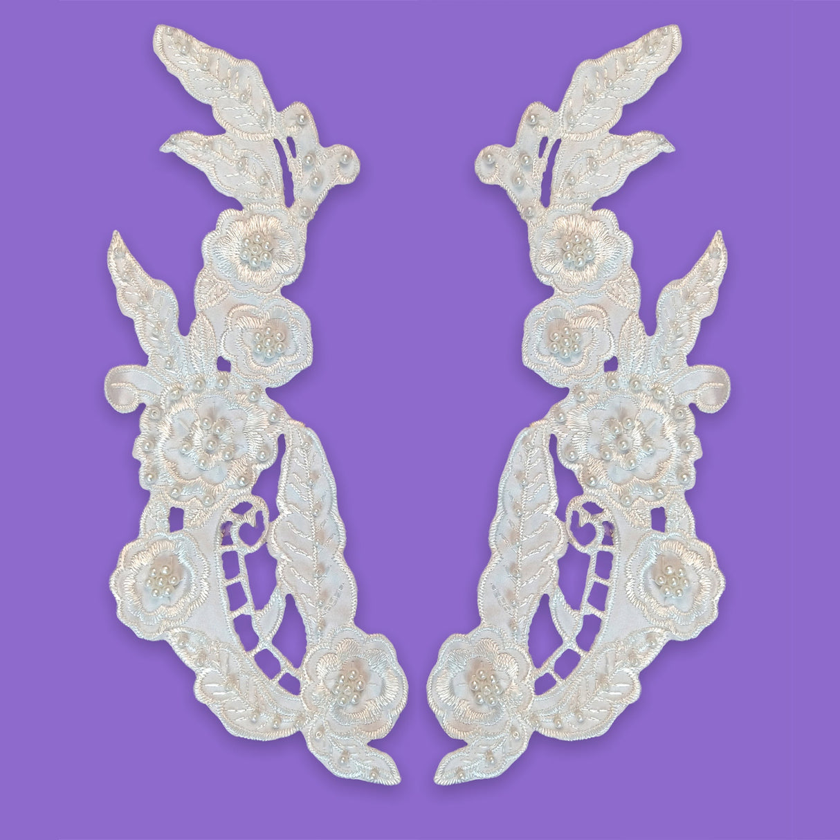 Beaded Lace Applique Off White Satin