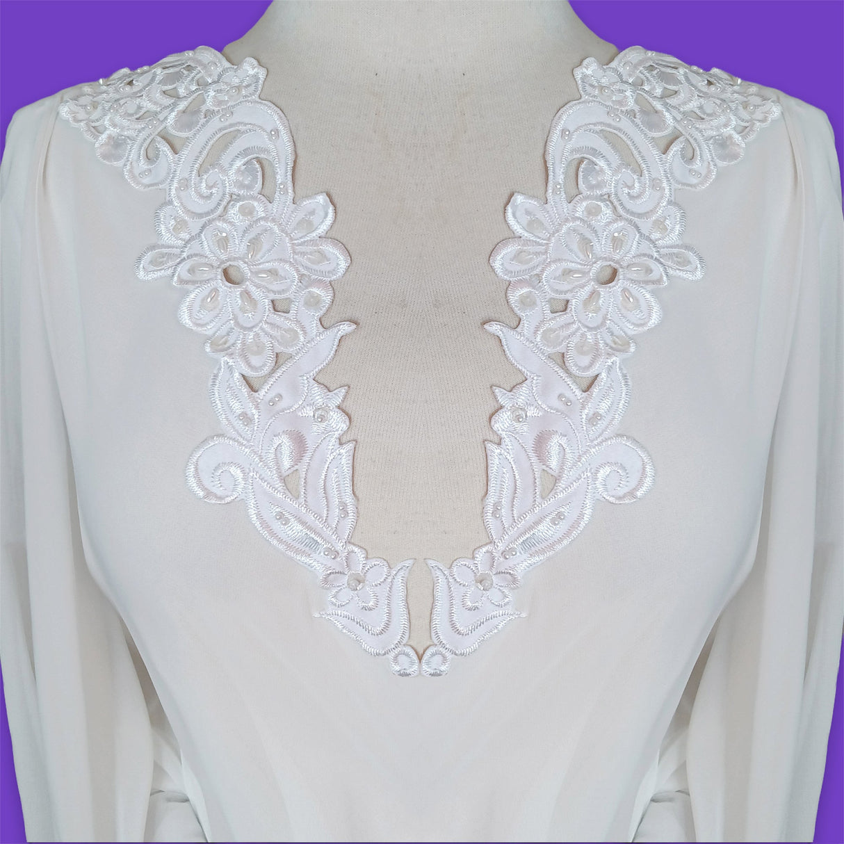 Beaded Lace Applique on Satin Off White