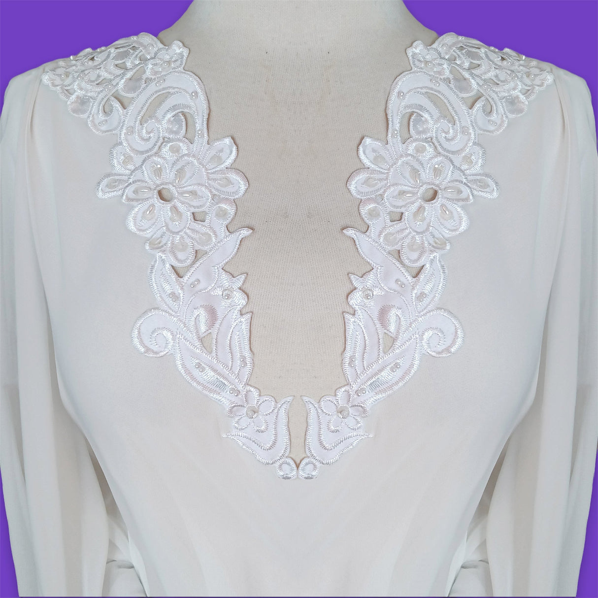 Beaded Lace Applique on Satin Off White