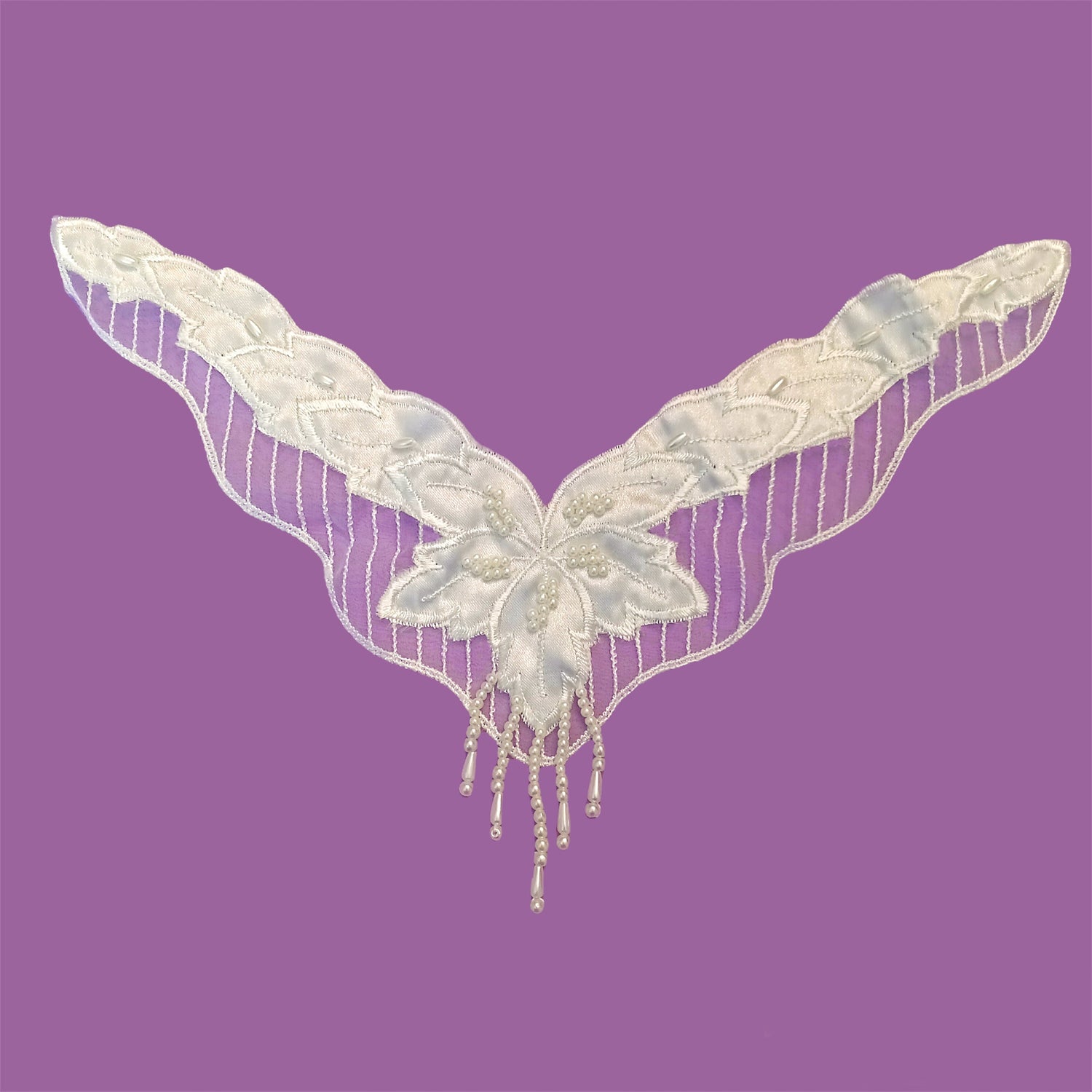 Beaded Lace Neckline Applique Embroidered on Satin 11" x 2.75"